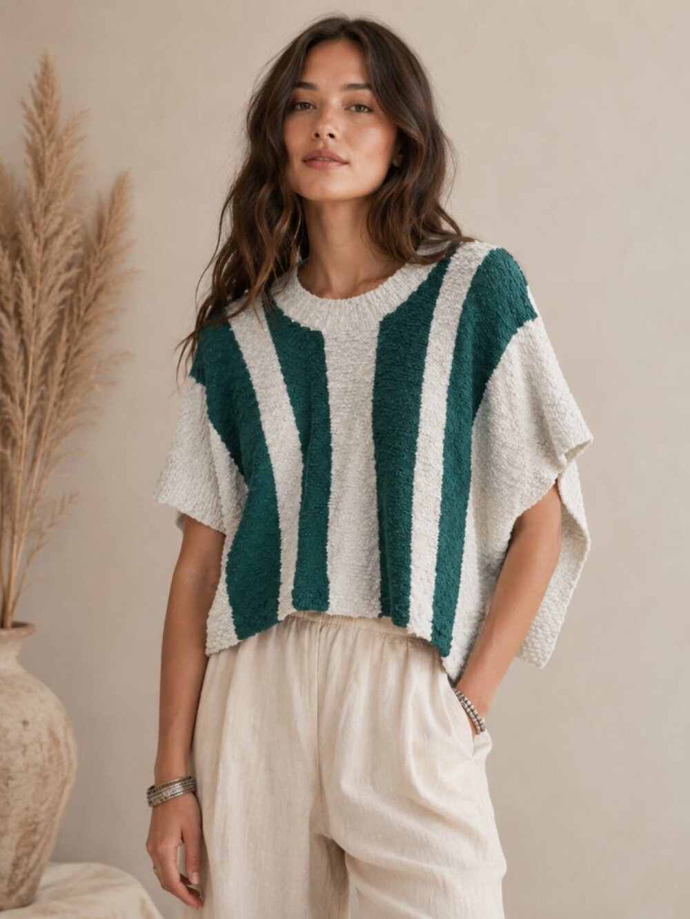 Callahan Yarrow Jade Green Striped Chunky Knit Poncho Sweater S